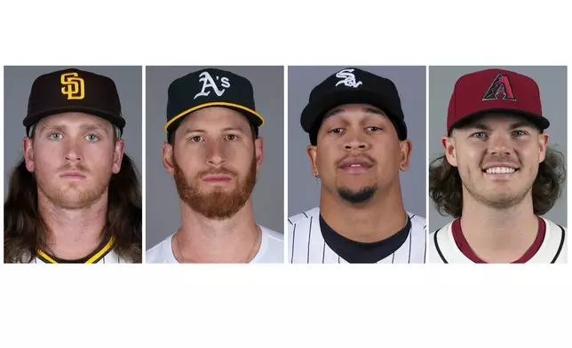 FILE - This combination of 2024 file photo shows baseball players, from left, Jay Groome, Michael Kelly, Jose Rodríguez and Andrew Saalfrank. (AP Photo/File)