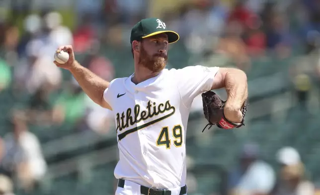 Athletics pitcher Michael Kelly throws to a Minnesota Twins batter during the seventh inning of a baseball game Thursday, June 5, 2025, in West Sacramento, Calif. (AP Photo/Scott Marshall)