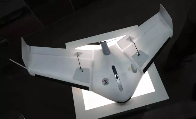 A drone named Oskar by French manufacturer Delair is displayed at the Paris Air Show Tuesday, June 17, 2025 in Le Bourget, north of Paris. (AP Photo/Thibault Camus)