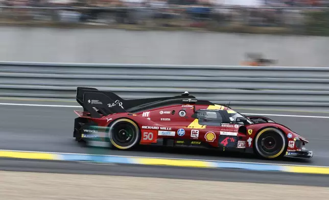 Ferrari AF Corse car (starting no. 50) a Ferrari 499P with Antonio Fuoco of Italy, Miguel Molina of Spain and Nicklas Nielsen of Denmark races during the 24-hour Le Mans endurance auto race, Saturday June 14, 2025 in Le Mans, western France. (AP Photo/Jeremias Gonzalez)