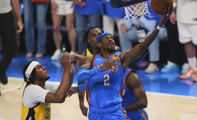 Oklahoma City Thunder guard Shai Gilgeous-Alexander (2) shoots against Indiana Pacers center Myles Turner (33) during the first half of Game 7 of the NBA Finals basketball series Sunday, June 22, 2025, in Oklahoma City. (AP Photo/Kyle Phillips)