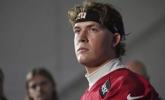 New York Giants quarterback Jaxson Dart speaks during a news conference after an NFL football practice, Wednesday, June 18, 2025, in East Rutherford, N.J. (AP Photo/Frank Franklin II)