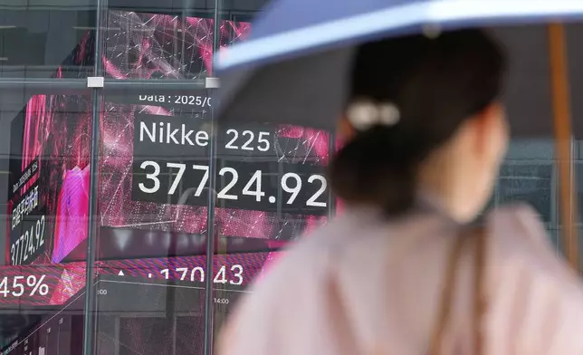 A person walks in front of an electronic stock board showing Japan's Nikkei index at a securities firm Friday, June 6, 2025, in Tokyo. (AP Photo/Eugene Hoshiko)