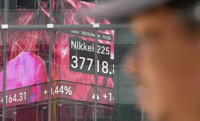 A person walks in front of an electronic stock board showing Japan's Nikkei index at a securities firm Friday, June 6, 2025, in Tokyo. (AP Photo/Eugene Hoshiko)
