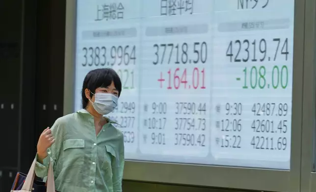 A person walks in front of an electronic stock board showing Shanghai, Japan's Nikkei and New York Dow indexes at a securities firm Friday, June 6, 2025, in Tokyo. (AP Photo/Eugene Hoshiko)