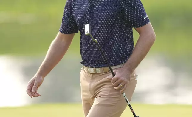 Cristobal Del Solar smiles on the 18th hole during the first round of the Canadian Open in Alton, Ontario, Thursday, June 5, 2025. (Nathan Denette/The Canadian Press via AP)