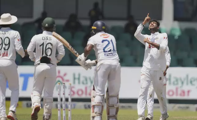 Bangladesh's Nayeem Hasan celebrates the wicket of Sri Lanka's Kamindu Mendis during the third day of the second cricket test match between Sri Lanka and Bangladesh in Colombo, Sri Lanka, Friday, June 27, 2025. (AP Photo/Eranga Jayawardena)