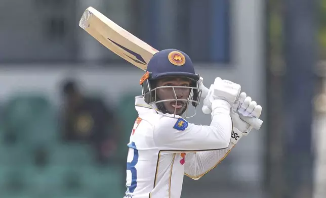 Sri Lanka's Pathum Nissanka plays a shot during the third day of the second cricket test match between Sri Lanka and Bangladesh in Colombo, Sri Lanka, Friday, June 27, 2025. (AP Photo/Eranga Jayawardena)