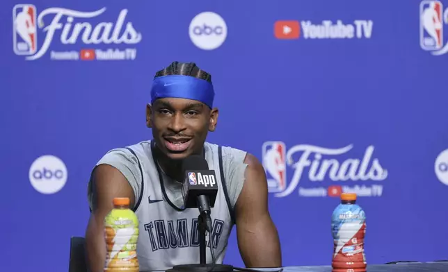 Oklahoma City Thunder guard Shai Gilgeous-Alexander speaks during a news conference, Wednesday, June 4, 2025, ahead of Game 1 of the NBA Finals basketball series against the Indiana Pacers in Oklahoma City. (AP Photo/Nate Billings)
