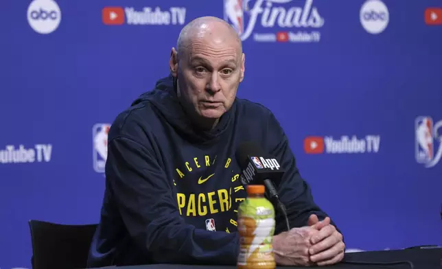 Indiana Pacers coach Rick Carlisle speaks during a news conference, Wednesday, June 4, 2025, ahead of Game 1 of the NBA Finals basketball series against the Oklahoma City Thunder in Oklahoma City. (AP Photo/Nate Billings)