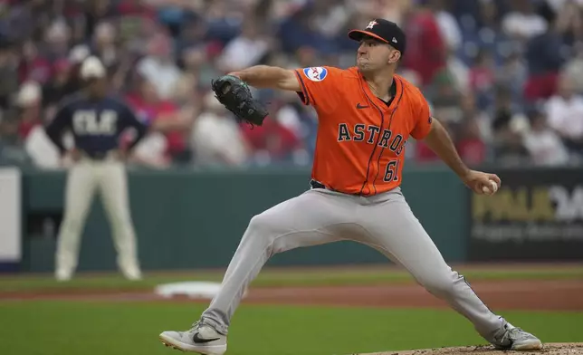 Houston Astros' Colton Gordon pitches in the first inning of a baseball game against the Cleveland Guardians in Cleveland, Friday, June 6, 2025. (AP Photo/Sue Ogrocki)