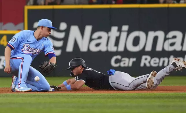 Chicago White Sox's Josh Rojas, right, steals second base against Texas Rangers shortstop Corey Seager during the fifth inning of a baseball game, Sunday, June 15, 2025, in Arlington, Texas. (AP Photo/LM Otero)