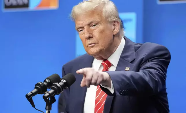 President Donald Trump gestures during a press conference after the plenary session at the NATO summit in The Hague, Netherlands, Wednesday, June 25, 2025. (AP Photo/Markus Schreiber)