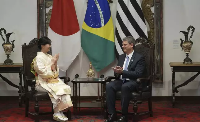Japanese Princess Kako of Akishino meets with Sao Paulo Gov. Tarcisio de Freitas at the Bandeirantes Palace in Sao Paulo, Friday, June 6, 2025. (AP Photo/Andre Penner)