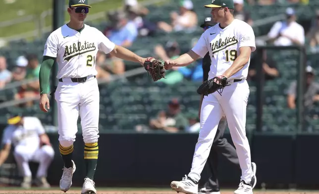 Athletics first baseman Tyler Soderstrom (21) and pitcher Mason Miller (19) celebrate their victory over the Minnesota Twins in a baseball game Thursday, June 5, 2025, in West Sacramento, Calif. (AP Photo/Scott Marshall)