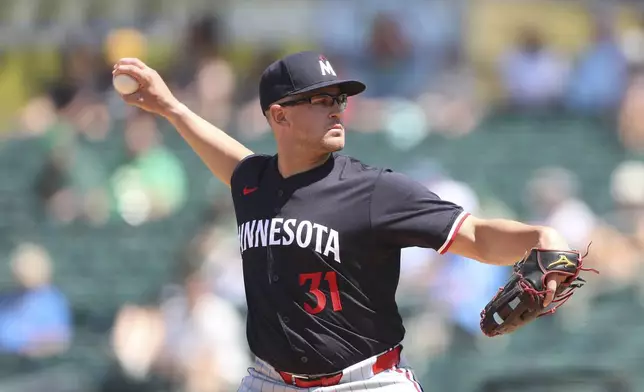 Minnesota Twins infielder Jonah Bride throws as he makes an appearance as a relief pitcher during the seventh inning of a baseball game against the Athletics, Thursday, June 5, 2025, in West Sacramento, Calif. (AP Photo/Scott Marshall)