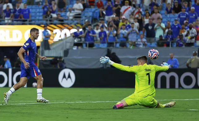Chelsea's Kiernan Dewsbury-Hall, left, scores his side's fourth goal against Benfica's goalkeeper Anatoliy Trubin during the Club World Cup round of 16 soccer match between Benfica and Chelsea in Charlotte, N.C., Saturday, June 28, 2025. (AP Photo/Nell Redmond)