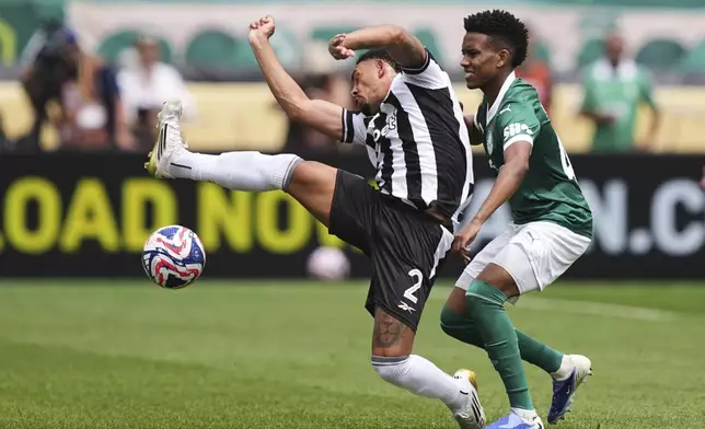 Botafogo's Vitinho (2) and Palmeiras' Estevao (41) battle for the ball during the Club World Cup round of 16 soccer match between Palmeiras and Botafogo in Philadelphia, Saturday, June 28, 2025. (AP Photo/Matt Rourke)