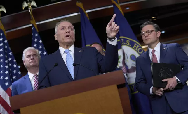 House Majority Leader Steve Scalise, R-La., makes a point as Majority Whip Tom Emmer, R-Minn., left, and Speaker of the House Mike Johnson, R-La., listen during a news conference on President Donald Trump's bill of tax breaks and spending cuts, at the Capitol in Washington, Wednesday, June 4, 2025. (AP Photo/J. Scott Applewhite)