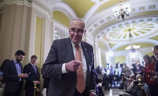 Senate Minority Leader Chuck Schumer, D-N.Y., finishes a news conference where he commented on Elon Musk's criticism of President Donald Trump's spending and tax bill, at the Capitol in Washington, Tuesday, June 3, 2025. (AP Photo/J. Scott Applewhite)