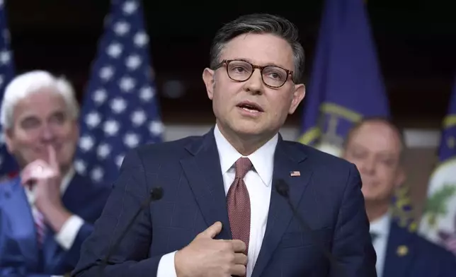 Speaker of the House Mike Johnson, R-La., talks about his discussions with Elon Musk this week as he meets with reporters to discuss work on President Donald Trump's bill of tax breaks and spending cuts, at the Capitol in Washington, Wednesday, June 4, 2025. (AP Photo/J. Scott Applewhite)