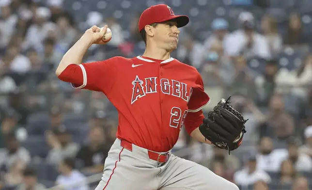 Los Angeles Angels' Kyle Hendricks pitches during the first inning of a baseball game against the New York Yankees, Tuesday, June 17, 2025, in New York. (AP Photo/Pamela Smith)