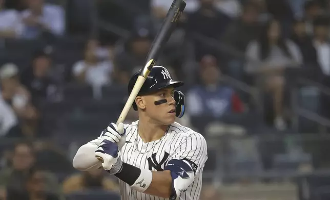 New York Yankees' Aaron Judge bats during the third inning of a baseball game against the Los Angeles Angels, Tuesday, June 17, 2025, in New York. (AP Photo/Pamela Smith)