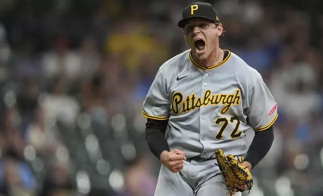 Pittsburgh Pirates' Isaac Mattson reacts after striking out Milwaukee Brewers' Isaac Collins during the eighth inning of a baseball game Monday, June 23, 2025, in Milwaukee. (AP Photo/Aaron Gash)
