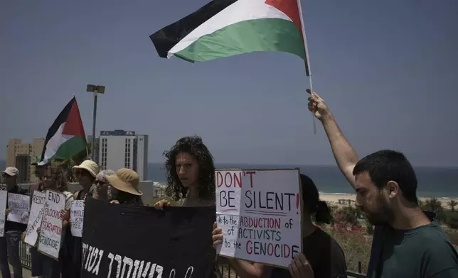 People wave the Palestinian flag and hold signs in support of Greta Thunberg and other activists who tried to deliver aid to Gaza before their ship was seized and they were detained by Israeli forces, near the port of Ashdod, Israel, Monday, June 9, 2025. (AP Photo/Leo Correa)