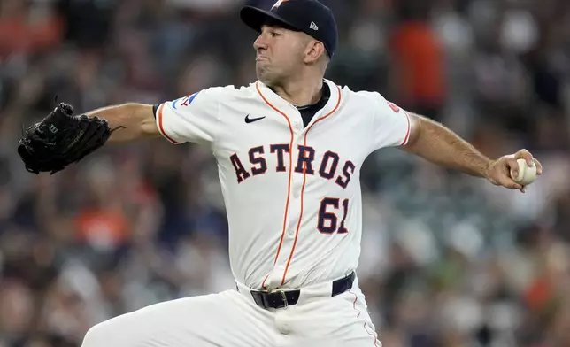 Houston Astros starting pitcher Colton Gordon throws against the Tampa Bay Rays during the first inning of a baseball game, Saturday, May 31, 2025, in Houston. (AP Photo/Eric Christian Smith)