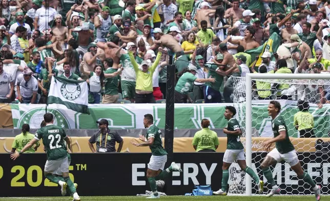 Palmeiras' Paulinho, center, celebrates after scoring the opening goal during the Club World Cup round of 16 soccer match between Palmeiras and Botafogo in Philadelphia, Saturday, June 28, 2025. (AP Photo/Matt Rourke)
