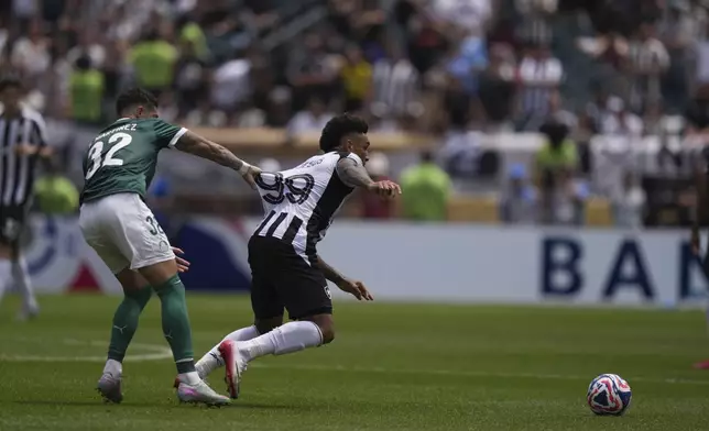 Palmeiras' Emiliano Martinez, left and Botafogo's Igor Jesus compete during the Club World Cup round of 16 soccer match between Palmeiras and Botafogo in Philadelphia, Sunday, June 29, 2025. (AP Photo/Matt Slocum)