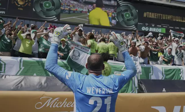 Palmeiras' Weverton celebrates during the Club World Cup round of 16 soccer match between Palmeiras and Botafogo in Philadelphia, Saturday, June 28, 2025. (AP Photo/Matt Slocum)