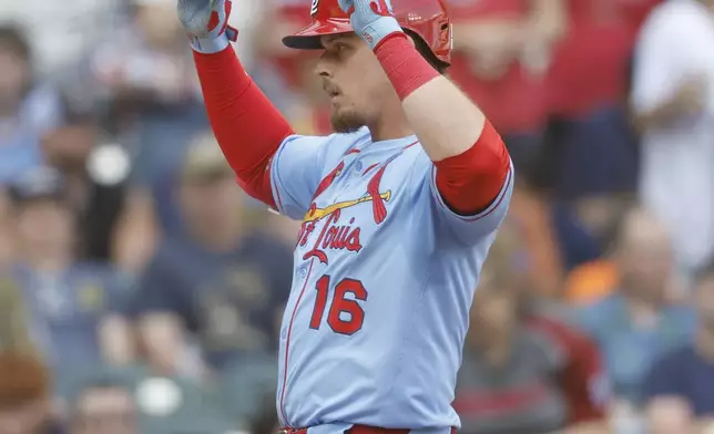 St. Louis Cardinals' Nolan Gorman reacts after hitting a three-RBI home run against the Milwaukee Brewers during the fifth inning of a baseball game, Saturday, June, 14, 2025, in Milwaukee. (AP Photo/Jeffrey Phelps)