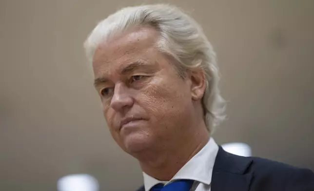 FILE - Anti-Islam lawmaker Geert Wilders, takes his seat at the high security court at Schiphol, near Amsterdam, Netherlands, Monday, Sept. 9, 2024. (AP Photo/Peter Dejong, File)