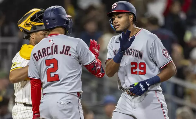 Washington Nationals' James Wood (29) celebrates his home run with Luis García Jr. (2) in the eighth inning of a baseball game against the San Diego Padres, Monday, June 23, 2025, in San Diego. (AP Photo/Tony Ding)