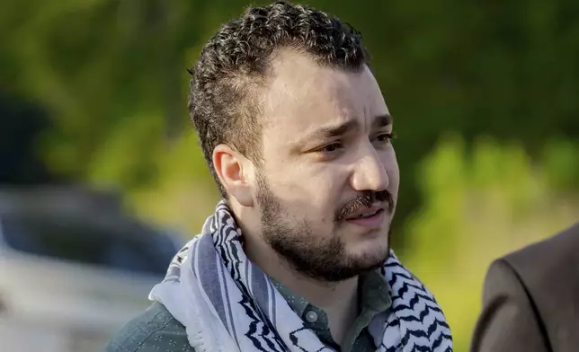 Palestinian activist Mahmoud Khalil speaks after his release from federal immigration detention in Jena, La., Friday, June 20, 2025. (AP Photo/Matthew Hinton)