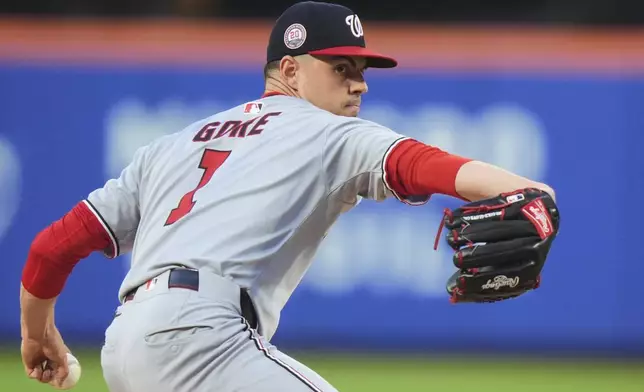 Washington Nationals' MacKenzie Gore (1) pitches during the second inning of a baseball game against the New York Mets Tuesday, June 10, 2025, in New York. (AP Photo/Frank Franklin II)