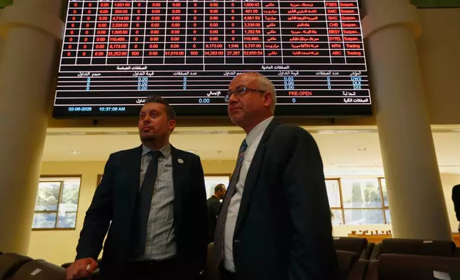 Two men stand under an electronic board showing stock prices at the Damascus Securities Exchange in Damascus, Syria, Monday, June 2, 2025. (AP Photo/Omar Sanadiki)