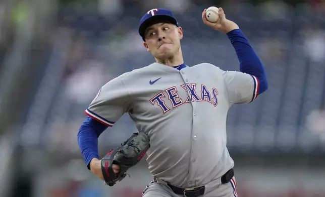 Texas Rangers starting pitcher Patrick Corbin throws to the Washington Nationals during the first inning of a baseball game at Nationals Park, Friday, June 6, 2025, in Washington. (AP Photo/Jess Rapfogel)