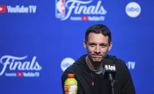 Oklahoma City Thunder head coach Mark Daigneault speaks during a press conference before Game 1 of the NBA Finals basketball series against the Indiana Pacers Thursday, June 5, 2025, in Oklahoma City. (AP Photo/Nate Billings)