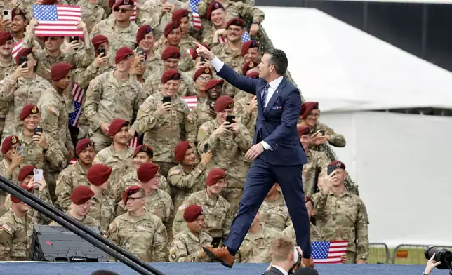 U.S Secretary of Defense Pete Hegseth speaks at Fort Bragg, N.C., Tuesday, June 10, 2025. (AP Photo/Karl DeBlaker)