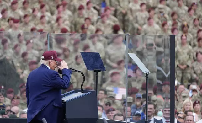President Donald Trump speaks at Fort Bragg, Tuesday, June 10, 2025, in Fort Bragg, N.C. (AP Photo/Alex Brandon)