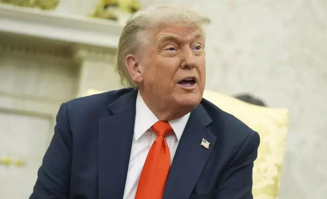 President Donald Trump speaks during a meeting with Germany's Chancellor Friedrich Merz in the Oval Office of the White House, Thursday, June 5, 2025, in Washington. (AP Photo/Evan Vucci)