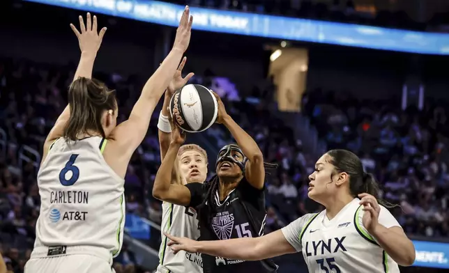Tiffany Hayes (15) puts up a shot in the first half as the Golden State Valkyries played the Minnesota Lynx at Chase Center in San Francisco, on Sunday, June 1, 2025. (Carlos Avila Gonzalez/San Francisco Chronicle via AP)