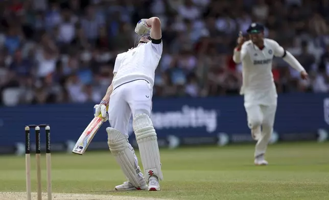 England's Harry Brook reacts after being caught during day three of the first cricket test match between England and India at Headingley in Leeds, England, Sunday, June 22, 2025. (AP Photo/Scott Heppell)