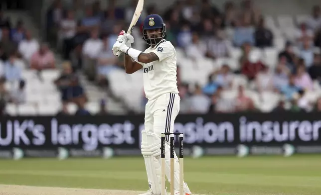 India's KL Rahul plays a shot during day three of the first cricket test match between England and India at Headingley in Leeds, England, Sunday, June 22, 2025. (AP Photo/Scott Heppell)