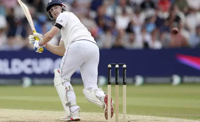 England's Harry Brook plays a shot during day three of the first cricket test match between England and India at Headingley in Leeds, England, Sunday, June. 22, 2025. (AP Photo/Scott Heppell)