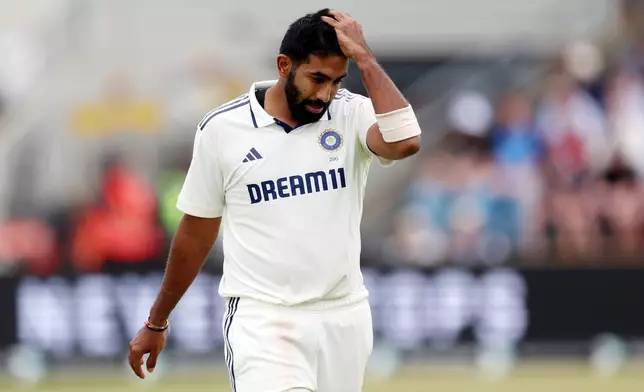 India's Jasprit Bumrah reacts during day three of the first cricket test match between England and India at Headingley in Leeds, England, Sunday, June 22, 2025. (AP Photo/Scott Heppell)