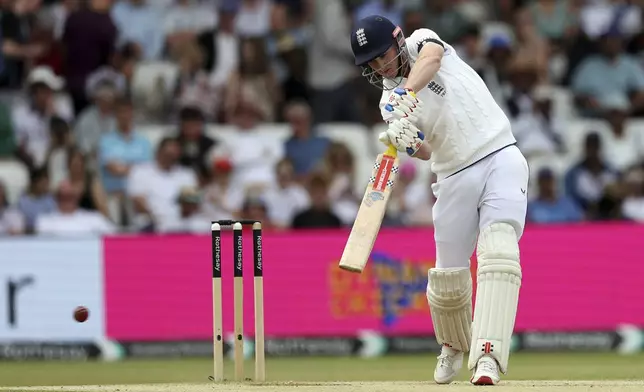 England's Harry Brook plays a shot day three of the first cricket test match between England and India at Headingley in Leeds, England, Sunday, June. 22, 2025. (AP Photo/Scott Heppell)